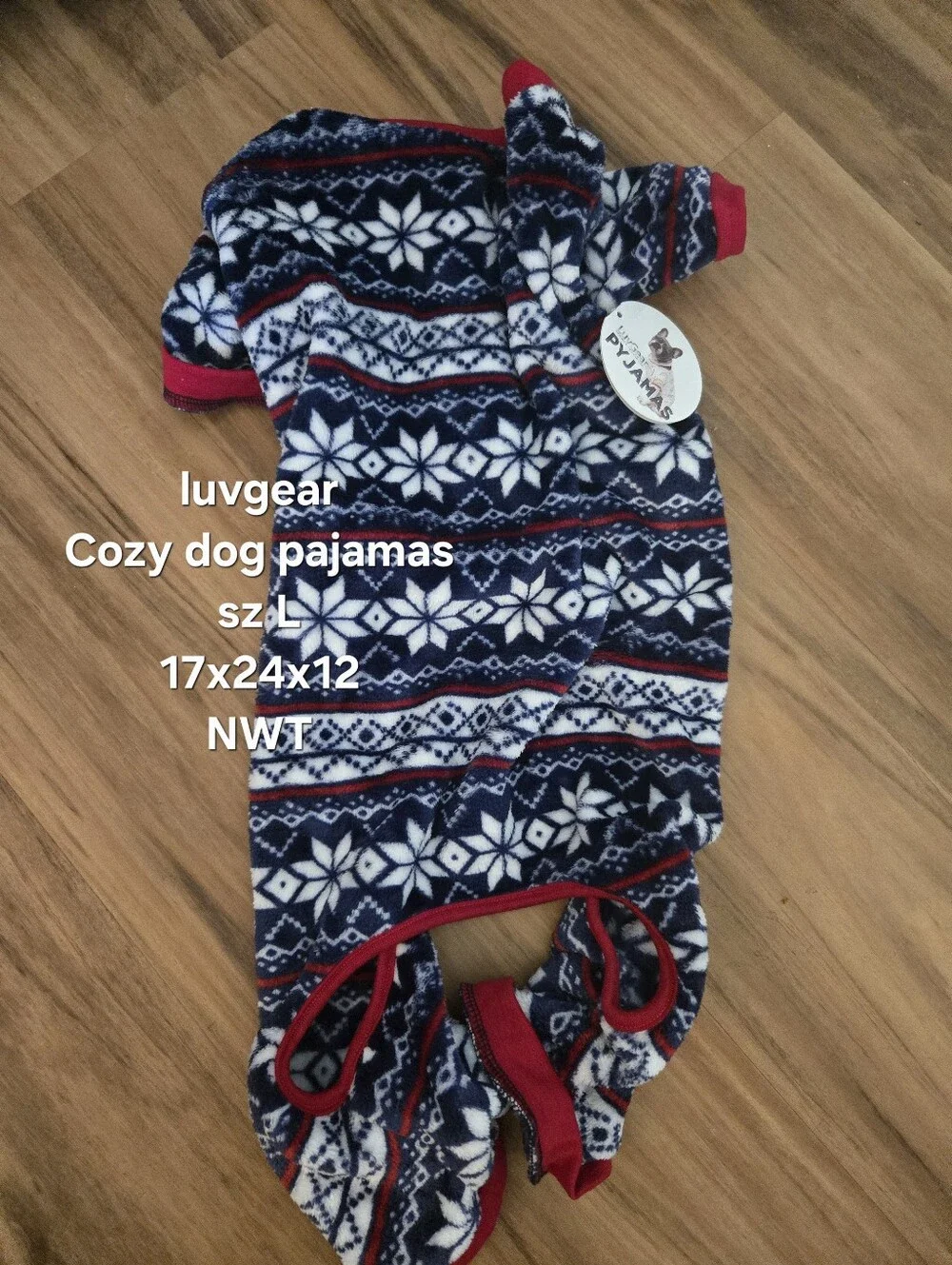 4/$15 LuvGear NWT Cozy Fair Isle Dog Pajamas L Navy Red Snowflake Fleece